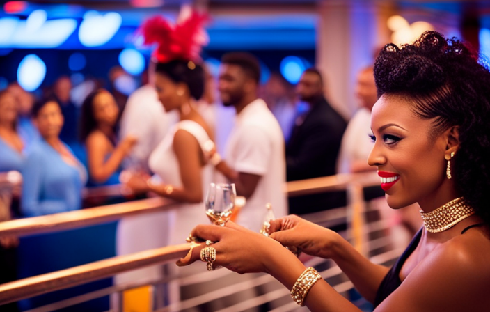 An image that showcases the vibrant atmosphere of Carnival's Celebration cruise ship: a chic, modern vessel adorned with sleek lines and colorful accents, bustling with stylish passengers enjoying thrilling activities, world-class dining, and dazzling entertainment