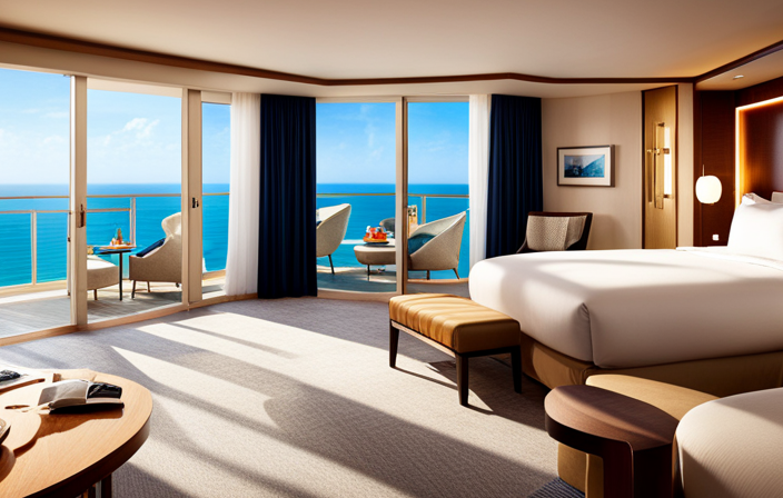 An image showcasing two luxurious suites side by side: Carnival's Ocean Suite, with its vibrant nautical decor, floor-to-ceiling windows, and a private balcony, competing against Royal Caribbean's Junior Suite, featuring elegant modern design, panoramic ocean views, and a spacious living area