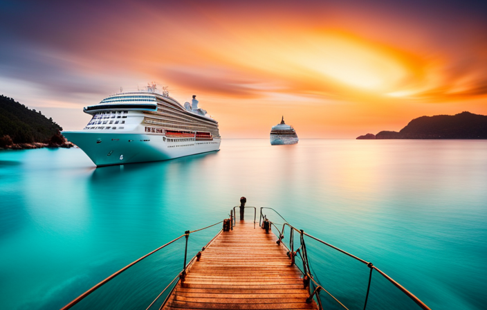 An image showcasing a picturesque cruise ship anchored in crystal-clear turquoise waters, with vibrant tenders shuttling excited passengers from the ship to the idyllic shorelines of a tropical destination