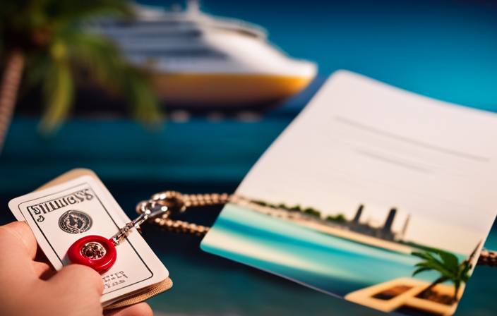 An image showcasing a vibrant cruise lanyard adorned with various travel-themed charms, effortlessly holding a ship card and passport, while a background of tropical palm trees and a luxurious cruise ship evokes a sense of adventure and convenience