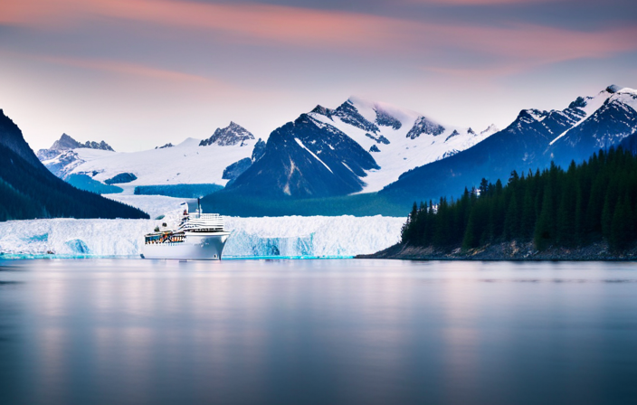An image showcasing a majestic Alaskan glacier, with a luxurious cruise ship sailing towards it