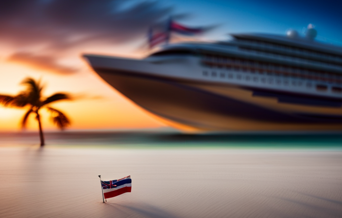 An image that showcases a palm-fringed beach in Florida, with a massive cruise ship in the background adorned with the British flag, symbolizing the challenge of booking a British cruise from Florida