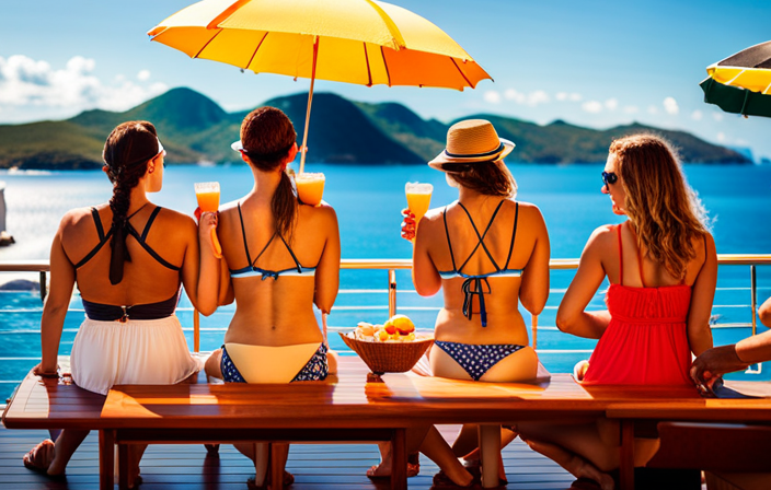 An image showcasing a vibrant poolside scene on a Norwegian Cruise Line ship, with passengers relaxing under colorful umbrellas, sipping from tropical drinks adorned with paper umbrellas, showcasing the allure of their cost-saving drink packages