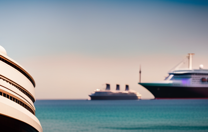 An image of a majestic ocean liner gliding through turquoise waters, its elegant design and towering smokestacks contrasting with a modern cruise ship in the background, emphasizing the timeless allure of ocean travel