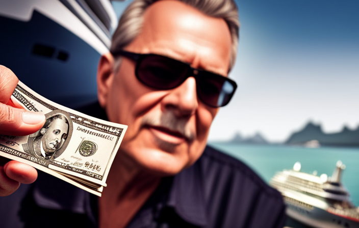 Capture the essence of the incredible story by creating an image showcasing a man's astonished face as he exchanges cash with a shady character, while a majestic cruise ship looms in the background