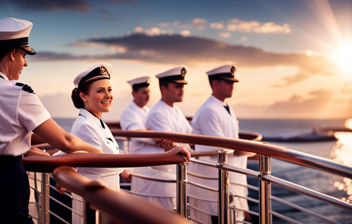 An image showcasing a bustling cruise ship deck, with crew members clad in crisp uniforms diligently attending to tasks: serving meals, polishing railings, guiding passengers, and ensuring a safe and enjoyable voyage