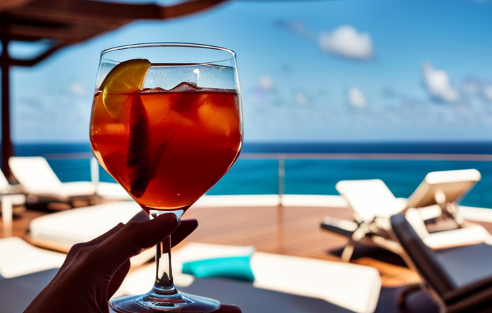 An image showcasing a luxurious, adults-only cruise experience: The deck of a sleek, sophisticated ship with an infinity pool overlooking turquoise waters, chic loungers, and a glamorous cocktail bar