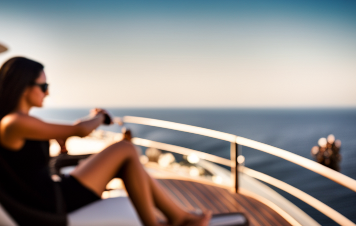 An image capturing the opulent ambiance of a luxurious Celebrity Cruise: a stunning, sunlit deck adorned with lush loungers, pristine infinity pools, and guests savoring gourmet cuisine while enjoying panoramic views of the endless ocean horizon