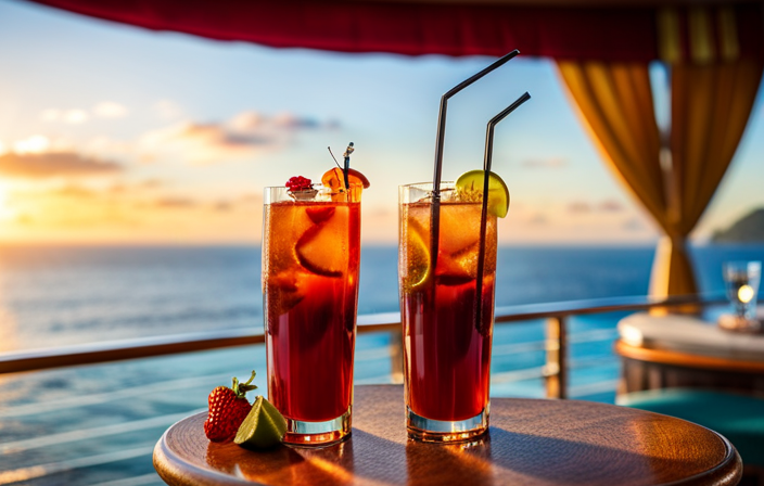 An image capturing the vibrant essence of a Carnival Cruise drink package, showcasing an array of colorful cocktails adorned with tropical garnishes, while a backdrop of a sunlit deck and sparkling ocean add to the allure