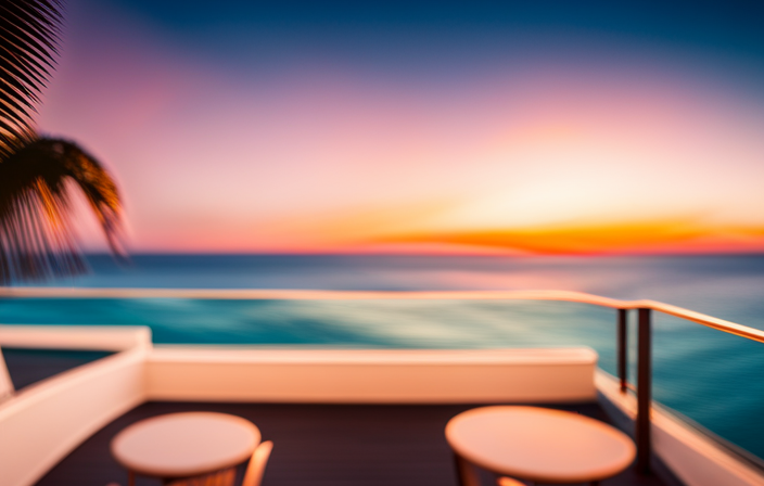 An image showcasing a serene ocean view from the deck of a luxurious cruise ship, with pristine turquoise waters, palm-fringed white sandy beaches, and a vibrant sunset painting the sky in shades of orange and pink