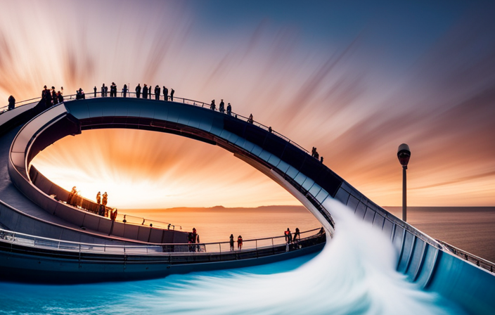 An image of a colossal waterslide twisting and turning above a sparkling ocean, surrounded by enthusiastic passengers, capturing the exhilaration and anticipation of a Norwegian Bliss Cruise