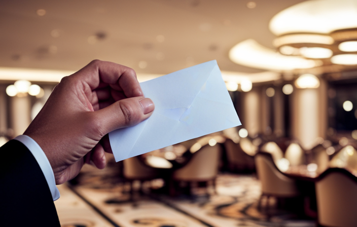 An image showcasing a hand gracefully placing cash in an elegant envelope, set against a backdrop of a pristine cruise ship dining room