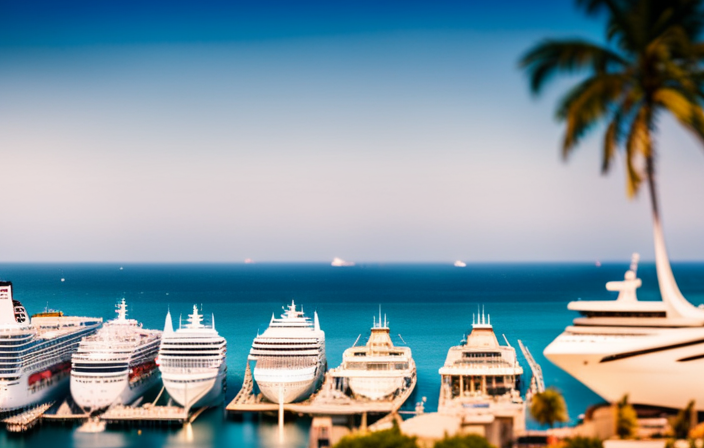 An image showcasing a diverse fleet of cruise ships anchored in a vibrant port, surrounded by palm trees and pristine beaches, capturing the essence of budget-friendly 7-day cruises