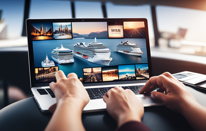 An image showcasing a laptop screen displaying a collage of vibrant cruise ship photos, surrounded by floating price tags, navigation icons, and search boxes, representing the top websites for affordable cruise bookings