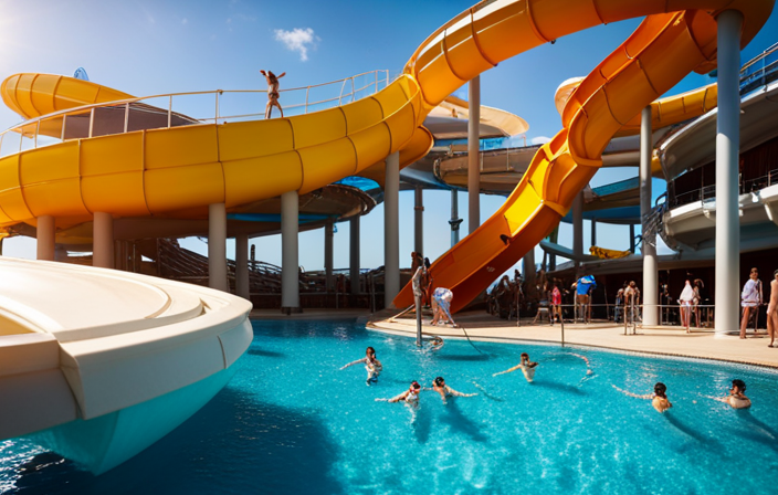 An image of a vibrant, state-of-the-art water park on a luxurious cruise ship, bustling with energetic teenagers sliding down thrilling slides, splashing in pools, and basking in the sun