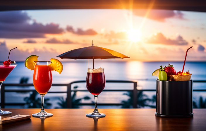 An image showcasing a collection of colorful tropical beverages, elegantly garnished with fresh fruits and umbrellas, neatly aligned on a sleek cruise ship bar counter, reflecting the sun-kissed ocean view