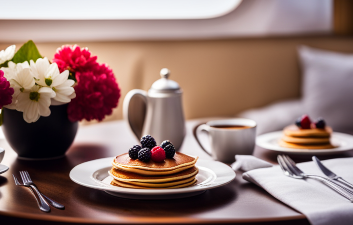 An image showcasing a luxurious cruise ship cabin, with a pristine white linen-covered table adorned with an artfully arranged breakfast spread including fluffy pancakes topped with fresh berries, a pot of steaming coffee, and a vase of vibrant flowers