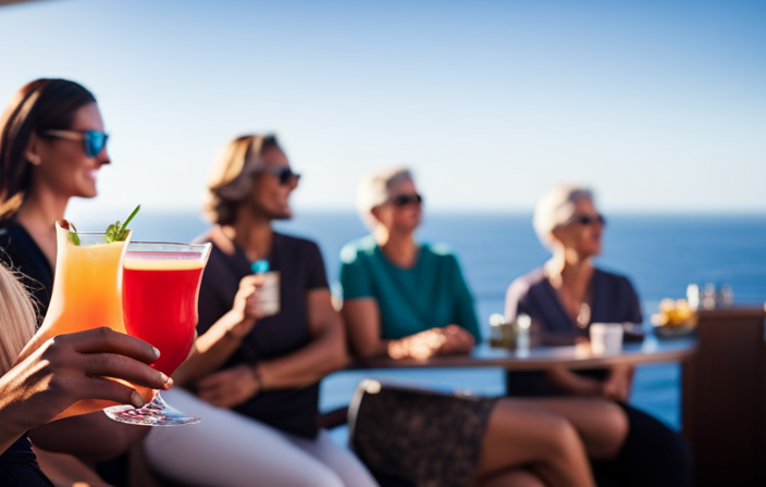 An image showcasing a vibrant cruise ship deck with a scenic ocean backdrop