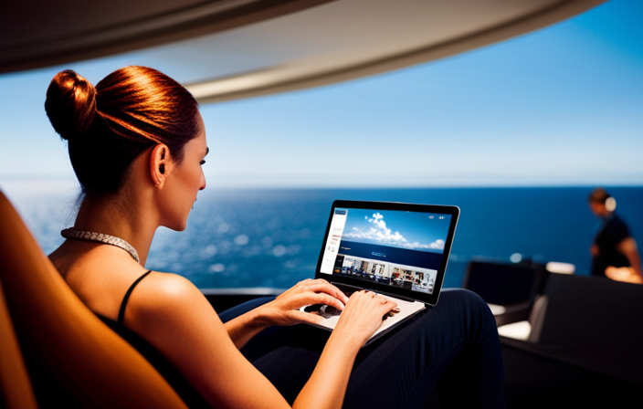 An image showcasing a passenger on a luxurious NCL cruise ship, leisurely browsing the internet on their laptop, surrounded by panoramic ocean views, while effortlessly connected to NCL's onboard WiFi