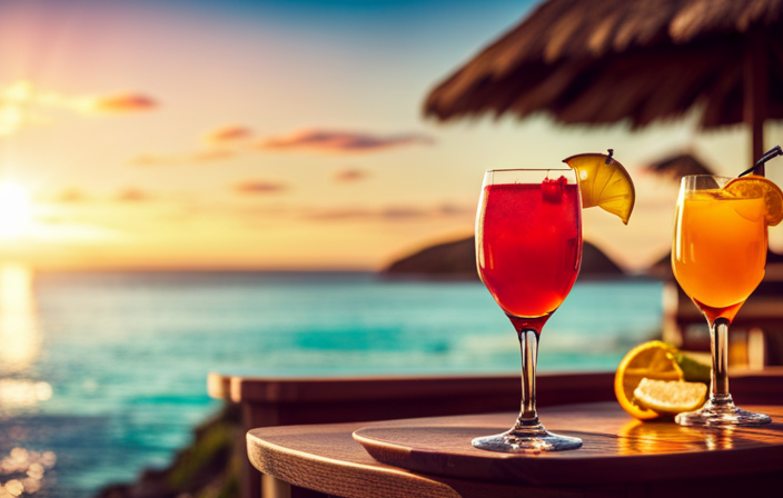 An image showcasing an array of colorful tropical cocktails, adorned with vibrant garnishes, nestled on a sun-soaked deck with shimmering turquoise waters as the backdrop