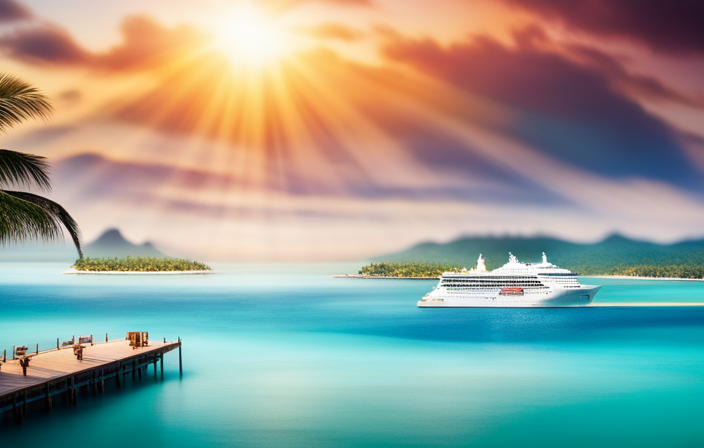 An image showcasing a vibrant cruise ship sailing on crystal-clear turquoise waters, surrounded by palm trees, with a couple lounging on the deck, radiating relaxation and joy