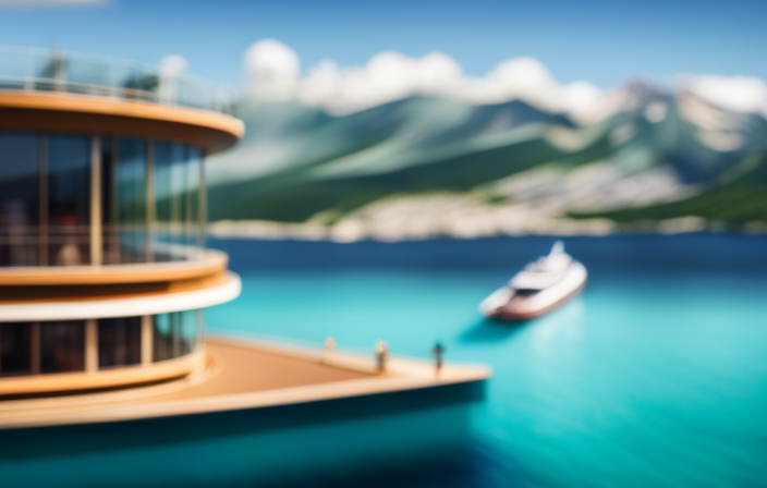 An image showcasing a colossal cruise ship gliding through crystal-clear turquoise waters, adorned with vibrant deck chairs, thrilling water slides, and panoramic glass windows revealing luxurious cabins and extravagant entertainment venues