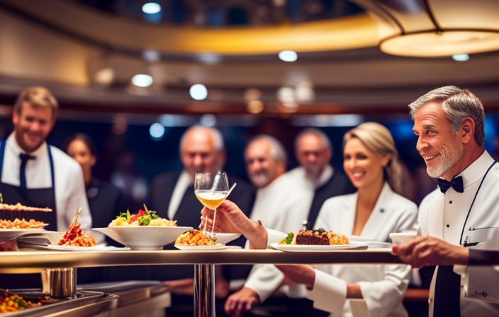 An image showcasing a vibrant, bustling cruise ship deck with a panoramic view of a gourmet buffet filled with delectable seafood, sizzling steaks, colorful salads, and decadent desserts, surrounded by happy passengers engaging in various activities and entertainment options