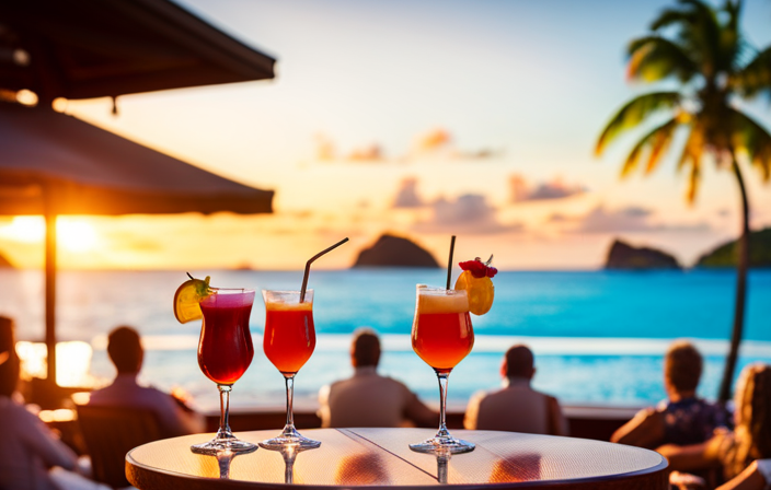 An image showcasing a tropical beach backdrop, with a vibrant poolside bar