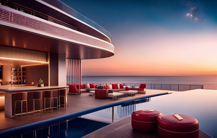An image showcasing Virgin Voyages' unconventional hospitality: a vibrant pool deck with a swim-up bar, cabanas adorned with colorful umbrellas, and a rooftop lounge where guests relax under the starry night sky