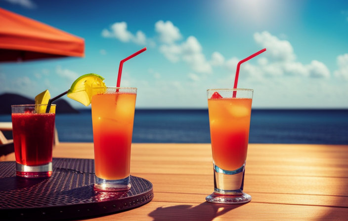 An image showcasing a sunny deck with vibrant cocktails in the foreground, while happy cruisers relax in colorful loungers, savoring the refreshing drinks