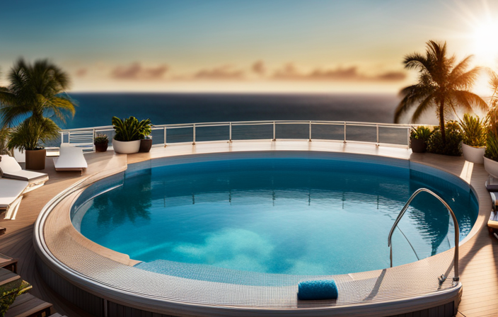 An image showcasing a luxurious rooftop pool on a Celebrity Cruise ship, surrounded by glass railings, plush loungers, and vibrant tropical plants