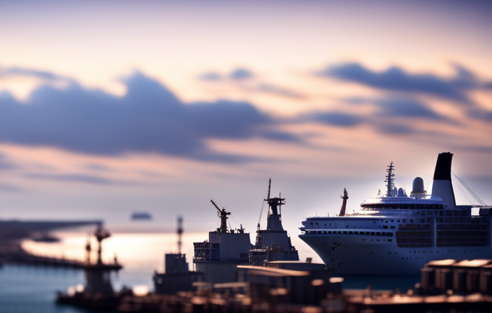 An image showcasing a cruise ship docked at a bustling port, surrounded by towering cranes unloading cargo containers