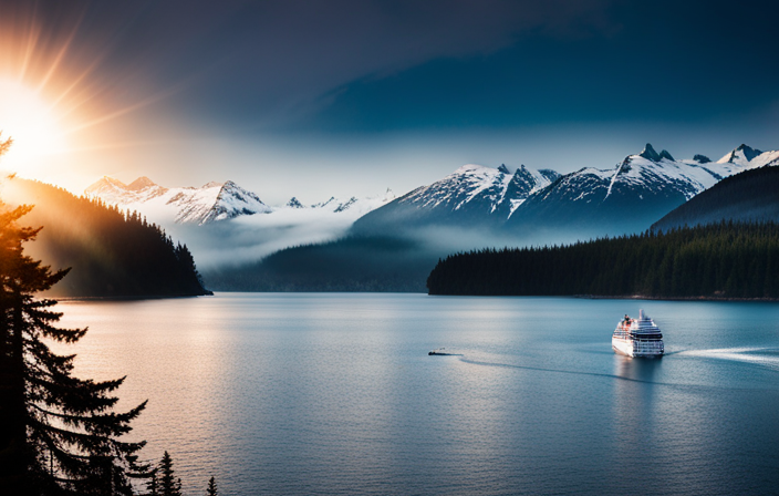 image of a majestic cruise ship sailing through the tranquil waters of Southeast Alaska, with snow-capped mountains towering over lush forests, while humpback whales breach gracefully in the distance