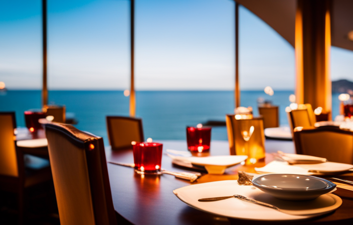 An image that captures the essence of unforgettable dining experiences on Carnival Celebration: a vibrant and lively dining room adorned with elegantly set tables, exquisite cuisine, and mesmerizing views of the ocean through large panoramic windows