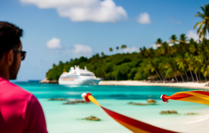 An image showcasing a vibrant cruise ship sailing through crystal-clear turquoise waters, adorned with colorful banners and surrounded by happy vacationers, symbolizing the enticing opportunity to unlock savings by booking a 2023 cruise during Wave Season