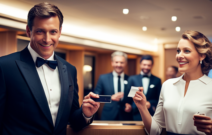 An image featuring a smiling couple standing at the front desk of a cruise ship, while an enthusiastic staff member hands them a keycard to a luxurious cabin, showcasing the excitement of unlocking cruise cabin upgrades