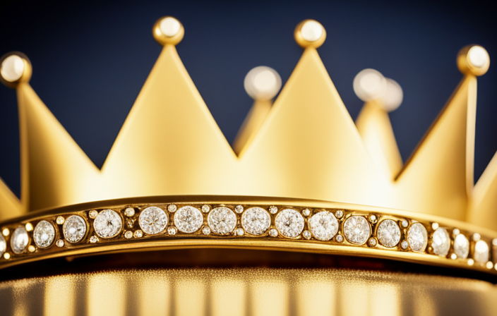 An image showcasing a golden crown sitting on a luxurious velvet pillow, surrounded by a circle of shimmering diamonds
