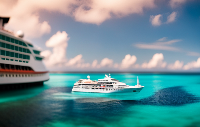 An image of a pristine white cruise ship gliding through crystal-clear turquoise waters, surrounded by vibrant coral reefs