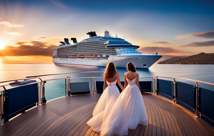 An image capturing the essence of a luxurious Celebrity Cruise: a stunning sunset backdrop illuminating a state-of-the-art ship, adorned with elegant amenities, a shimmering pool, and a lively outdoor deck bustling with happy guests