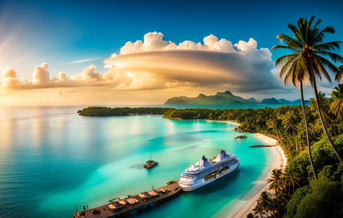 An image showcasing a sparkling turquoise lagoon with Disney's cruise ship majestically sailing through, surrounded by lush tropical islands adorned with palm trees and white sandy beaches