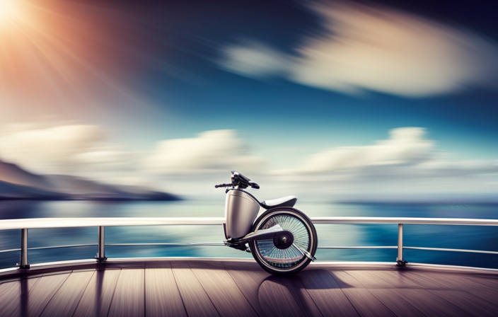 An image showcasing a sleek, silver 4-wheel bariatric mobility scooter effortlessly gliding across the deck of a luxurious cruise ship, with panoramic ocean views in the background