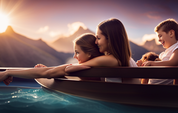 An image showcasing a joyful family onboard a Disney Cruise, with children of varying ages engaging in exciting activities like splashing in the pool, watching a movie in the theater, and enjoying character meet-and-greets