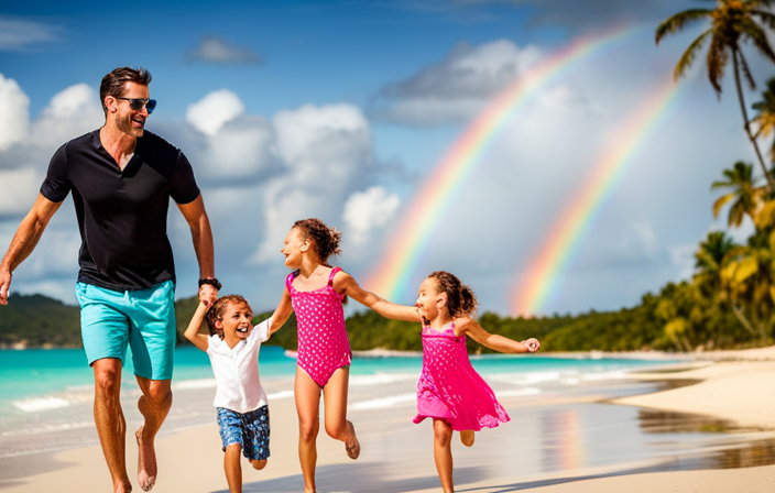 An image showcasing a joyful family, consisting of a beaming couple and their young children, gleefully splashing in the clear turquoise waters of a Disney Cruise destination, surrounded by vibrant rainbow-colored beach toys and a picturesque tropical backdrop