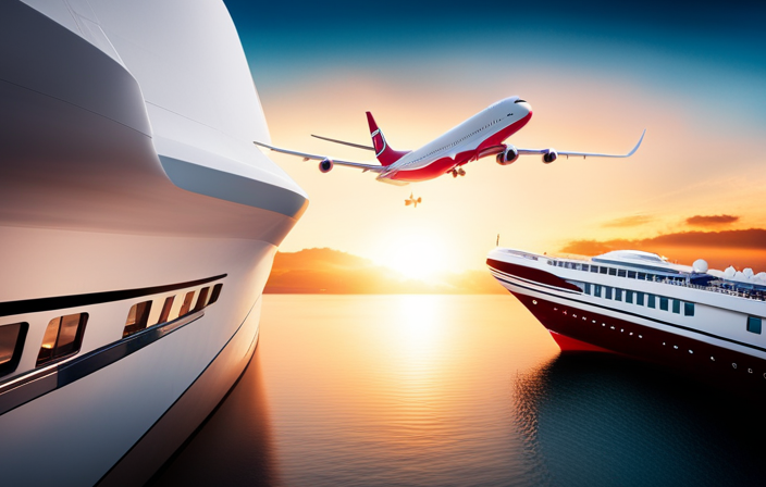 An image showcasing a vibrant Norwegian Cruise Line ship docked next to a sleek, modern airplane adorned with the airline's logo, capturing the perfect blend of sea and air travel