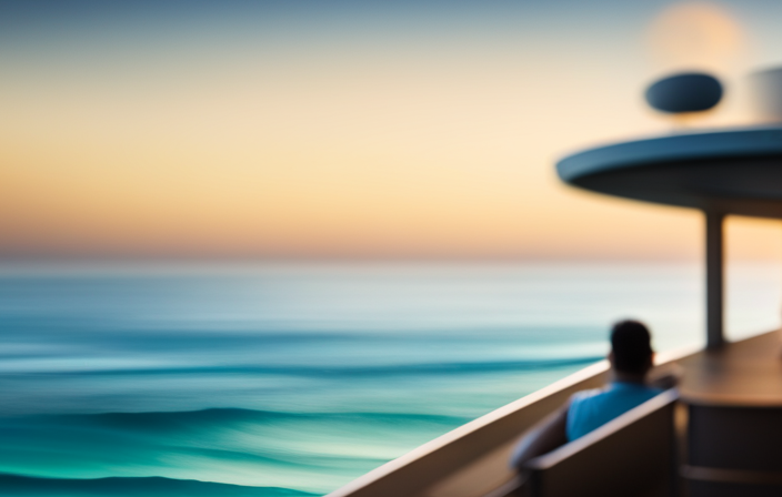 An image showcasing a pristine, turquoise ocean stretching endlessly towards the horizon, with a luxurious cruise ship in the foreground