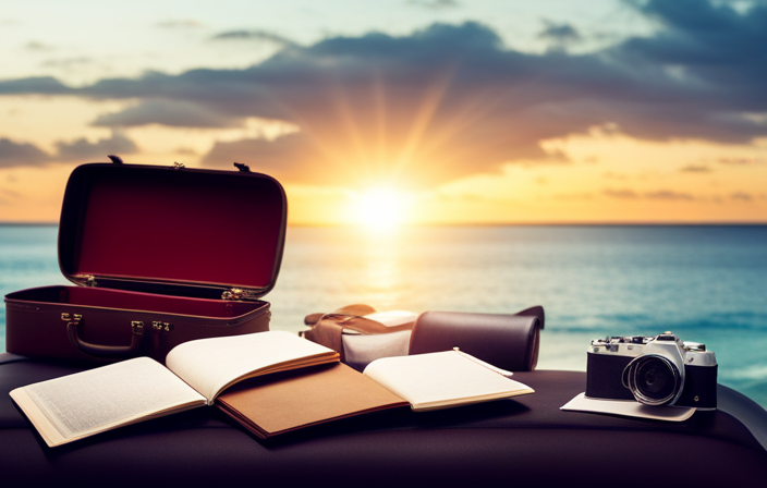 An image showcasing a suitcase packed with essential items for a cruise, including sunscreen, a passport, swimwear, a camera, sunglasses, and a guidebook, all neatly arranged against a backdrop of a serene ocean view
