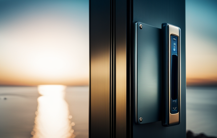 An image showing a close-up of a sleek, metallic cruise ship door with a discreet panel featuring a series of hidden buttons and a small card reader, hinting at the intriguing secret codes that unlock unknown possibilities within