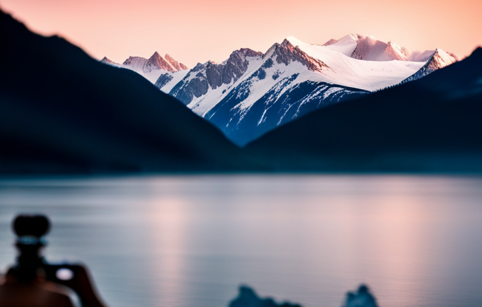 An image showcasing a breathtaking Alaskan landscape, featuring a majestic cruise ship sailing through icy waters, surrounded by towering snow-capped mountains, as a pair of binoculars with high magnification captures the awe-inspiring scenery