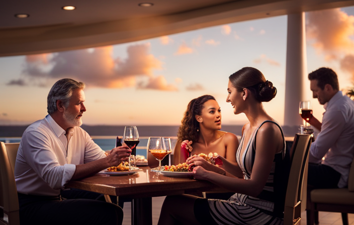 An image showcasing adults indulging in a variety of activities on a Disney Cruise - couples enjoying romantic dinners at upscale restaurants, friends sipping cocktails by the pool, and solo travelers discovering relaxation in the luxurious spa
