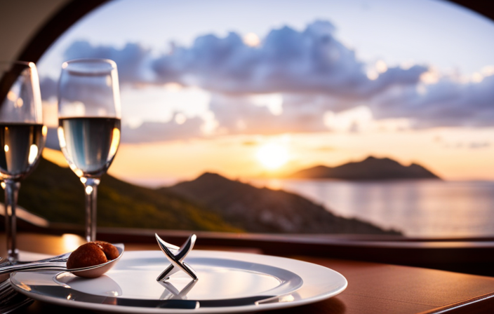 An image of a beautifully set dining table aboard a cruise ship, adorned with elegant silverware, a variety of sumptuous dishes, and a prominent "X" symbol over common allergens like peanuts, shellfish, gluten, and dairy